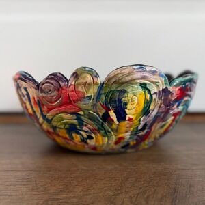 Signed Studio Pottery Abstract Multi Color Spiral Textured Scalloped Art Bowl